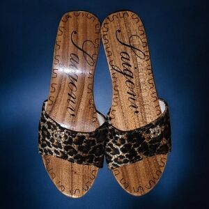 Vintage Saigoni Leopard-Print Wooden Wedge Clogs